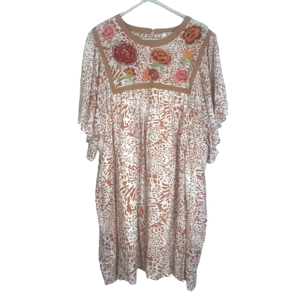 Chicsouls Animal Print Embroidered Floral Button Closure Mini Dress SZ 1X‎